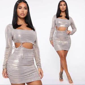 Fashion Nova Metallic Mini Dress Grey/Gold